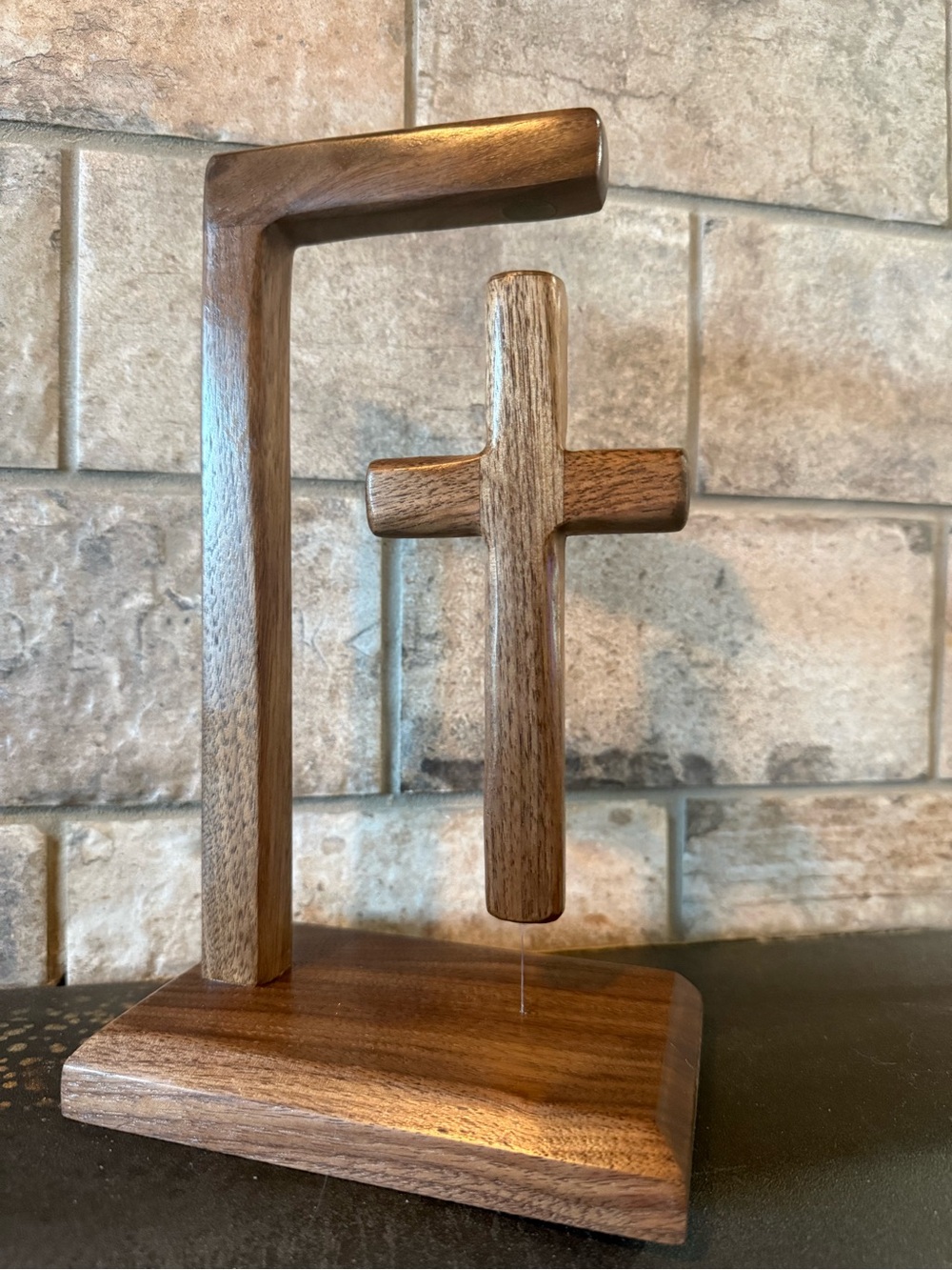 Handcrafted Wooden Floating Cross Sculpture in Walnut